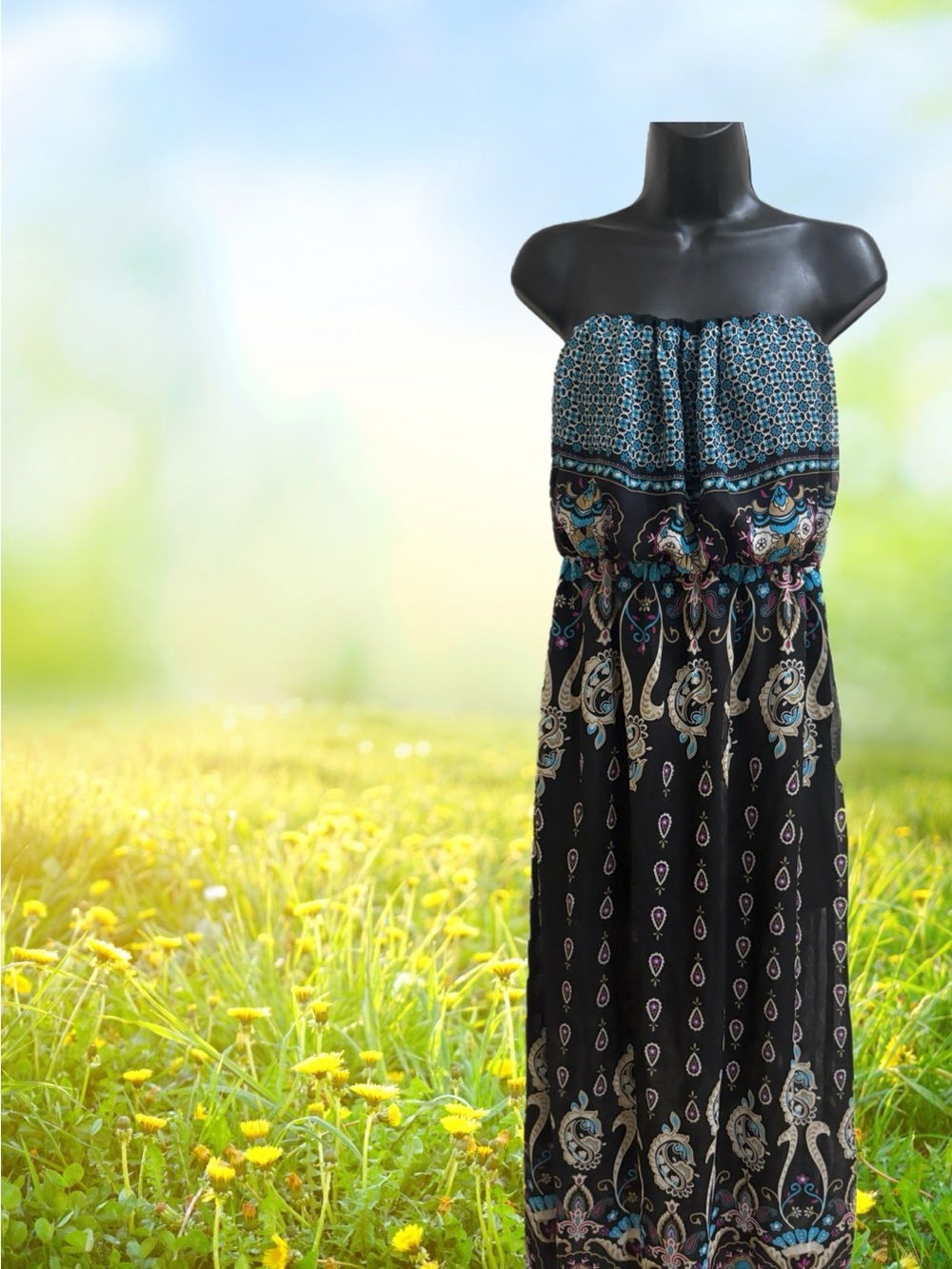 Boho Strapless Maxi Dress in Black and Teal❤️